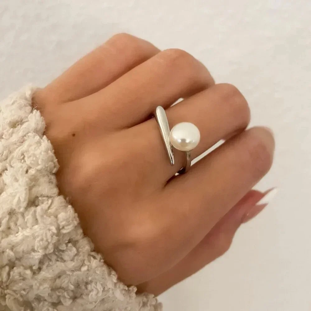 925 Sterling Silver Bar Ring Pearl Ring Pearl Bar Ring Minimalist Dainty Ring - Picture 1 of 8